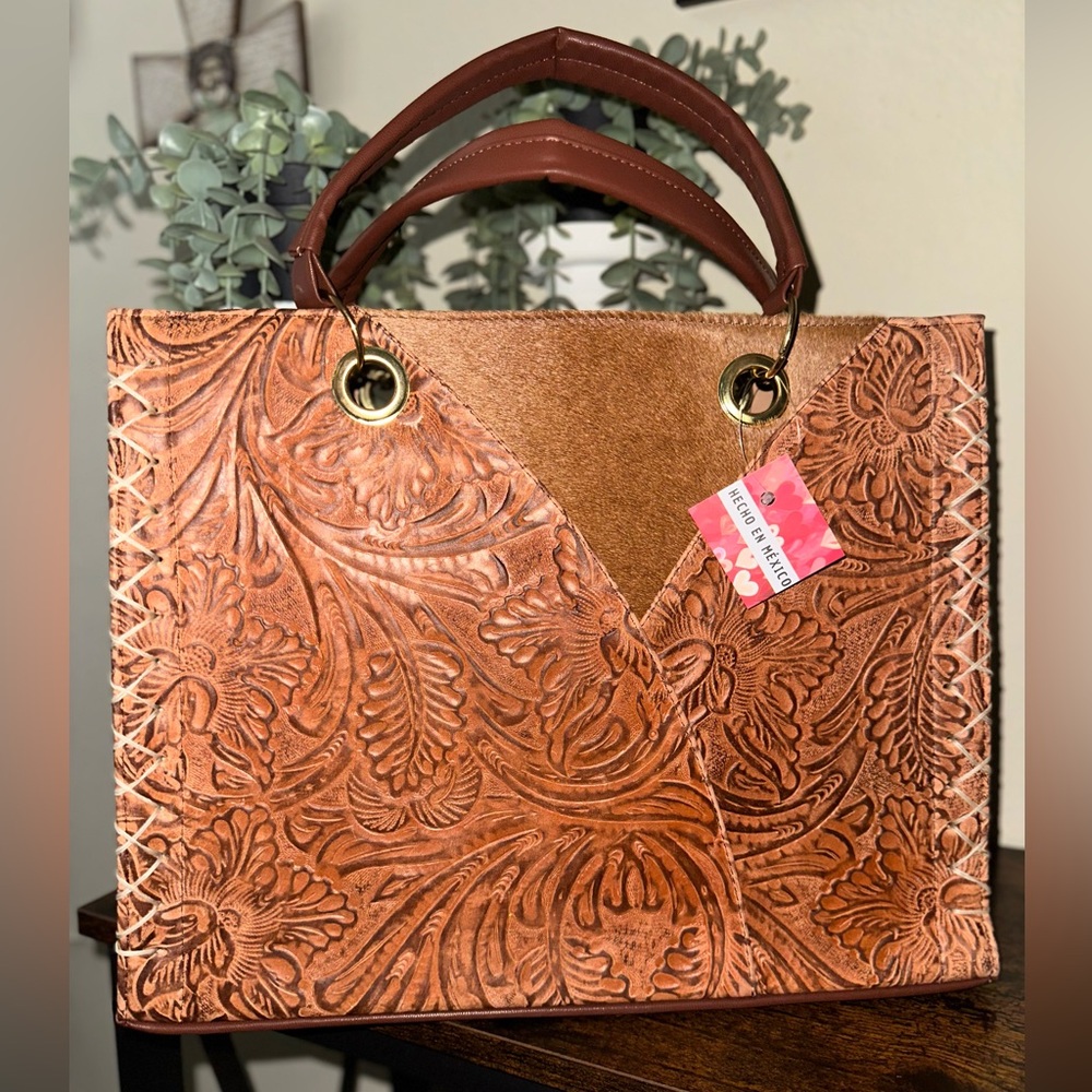 Embossed Floral Leather Tote Bag in Brown